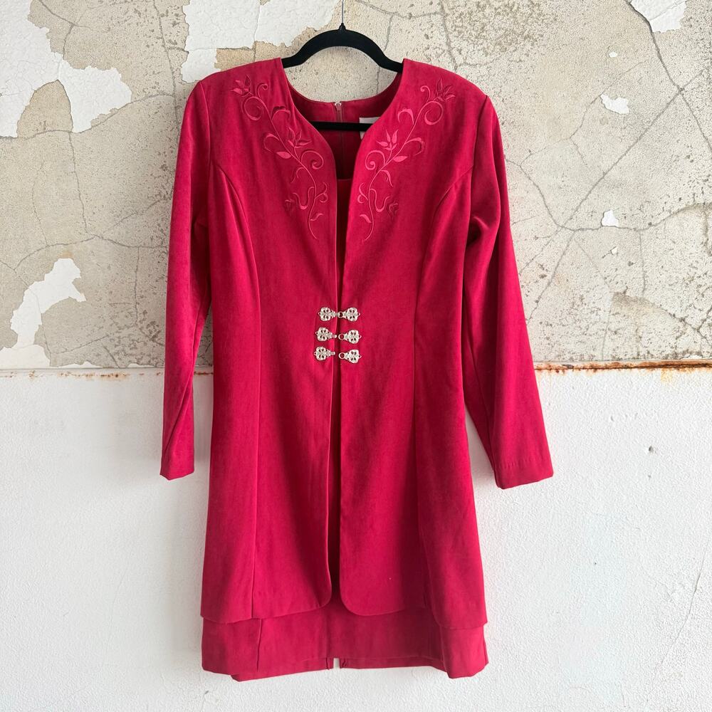 Vtg Fashion Bug Dress NWT Attached Jacket Red Embroidered 12P Retro‎ Office Work